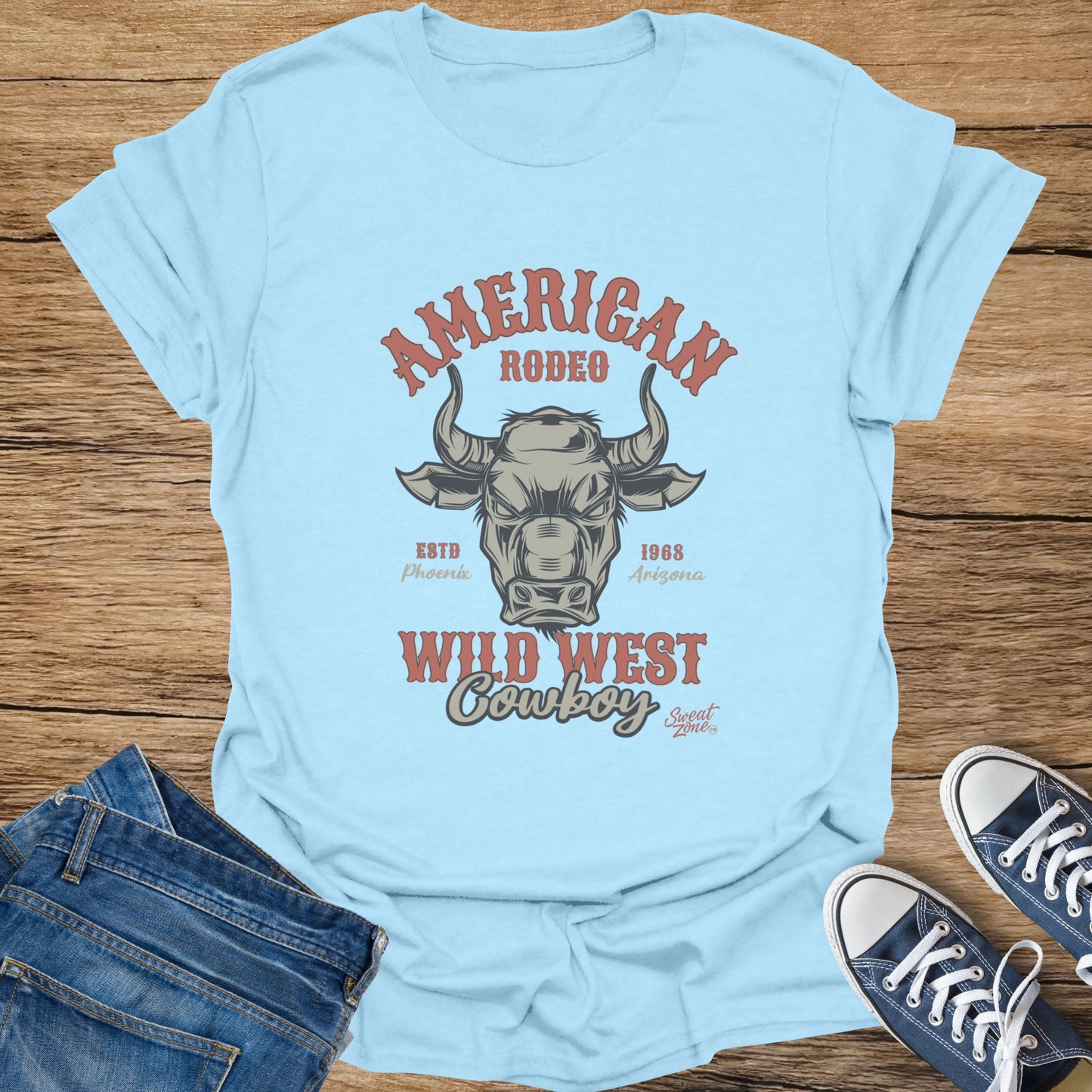 Light blue t-shirt with American Rodeo text and angry bull graphic.