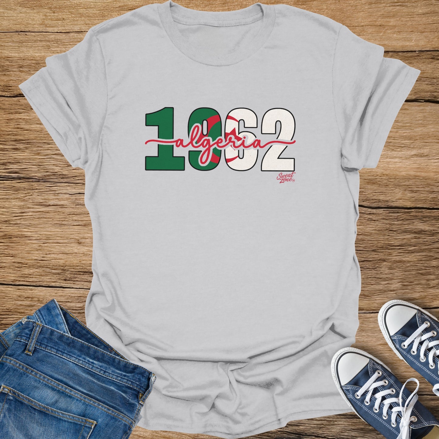Gray t-shirt with "1962 Algeria" text, featuring Algerian flag colors and "Sweat Zone" logo.