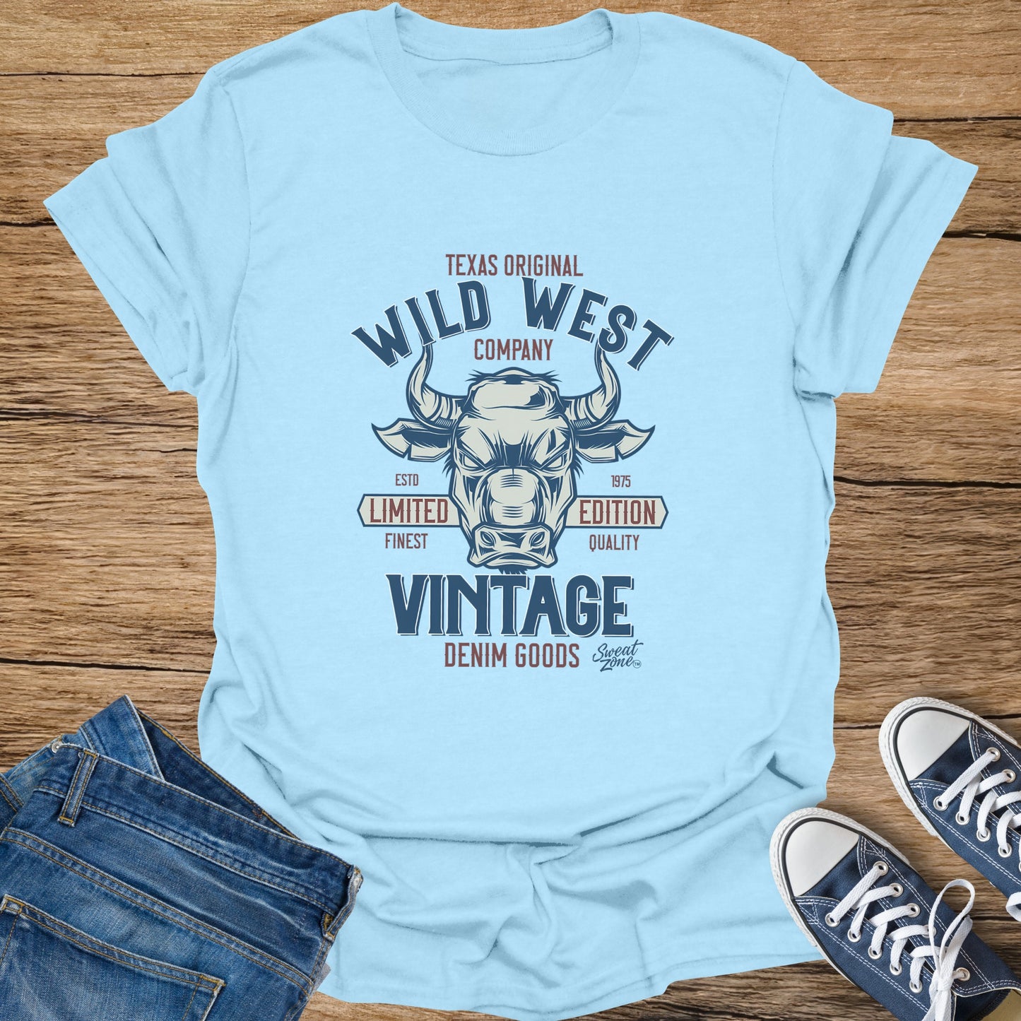 Light blue t-shirt with Wild West Company bull graphic and Vintage Denim Goods text.