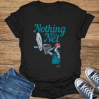 Black t-shirt with "Nothing But Net" graphic and basketball player.