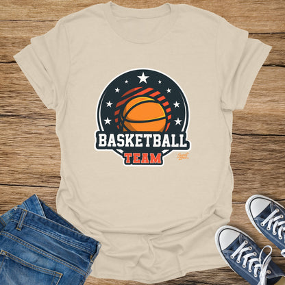 Cream t-shirt with "Basketball Team" logo featuring a basketball and stars.