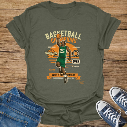 Basketball champions t-shirt with player, basketball, and 1988 championship text.