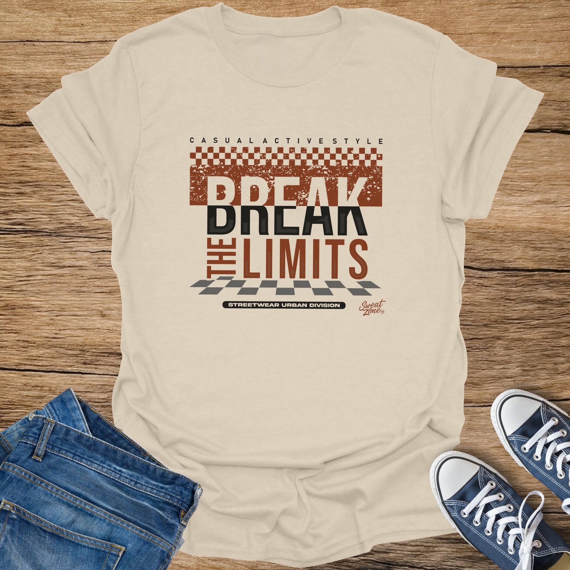 Light tan t-shirt with graphic text "CASUAL ACTIVE STYLE BREAK THE LIMITS STREETWEAR URBAN DIVISION".