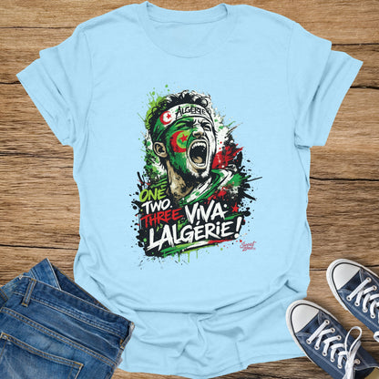 Light blue t-shirt with a distressed graphic of a shouting man wearing Algerian flag face paint.