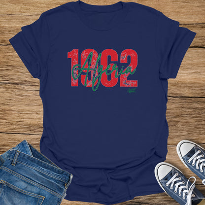 Navy t-shirt with distressed red 1962 and green "Algeria" text.