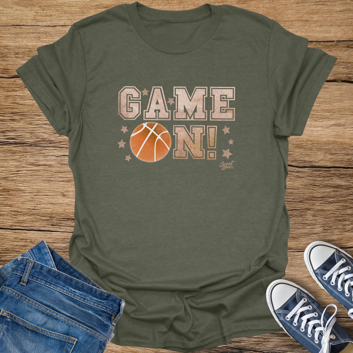 Green t-shirt with "GAME ON!" text and a basketball graphic.