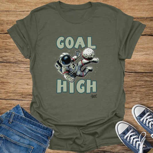 Astronaut playing soccer with the moon, text "GOAL HIGH".