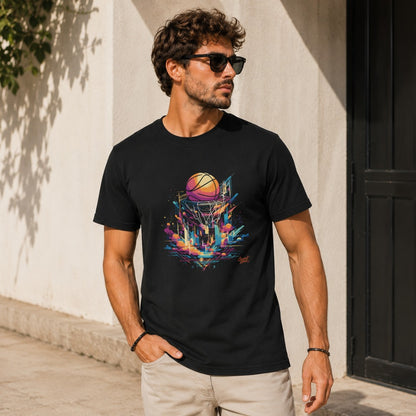 Black t-shirt with abstract basketball net and cityscape graphic in vibrant neon colors.