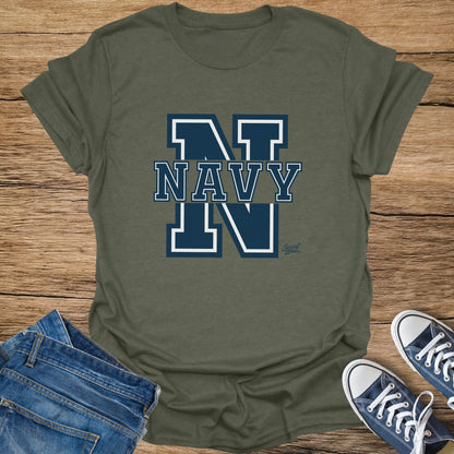 Olive green t-shirt with navy blue "N NAVY N" graphic and "Sweat Zone" logo.