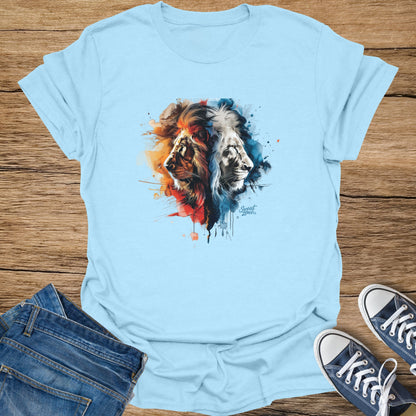 Light blue t-shirt with a watercolor lion graphic and "Sweat Zone" logo.