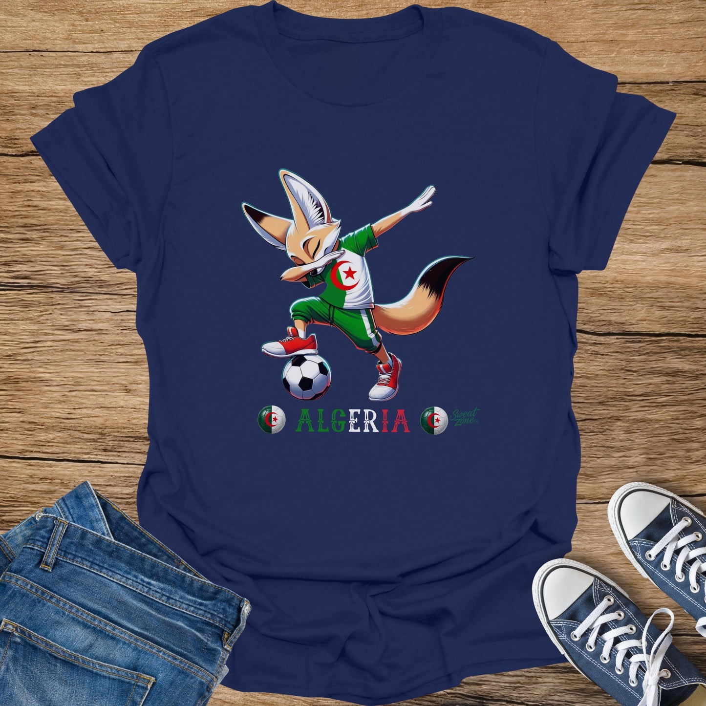 Fox character dabbing with soccer ball and Algeria flag on navy t-shirt.