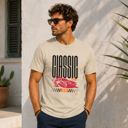 Cream t-shirt with "Classic Car" graphic of a red sports car and checkered detail.