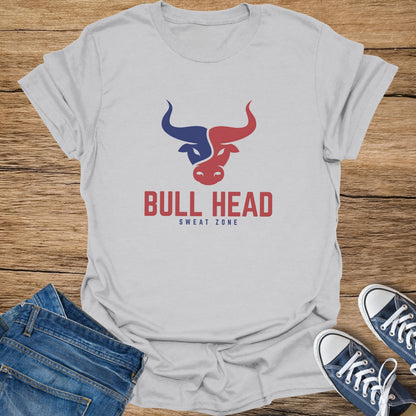 White t-shirt with red and blue bull head logo and text "BULL HEAD SWEAT ZONE".