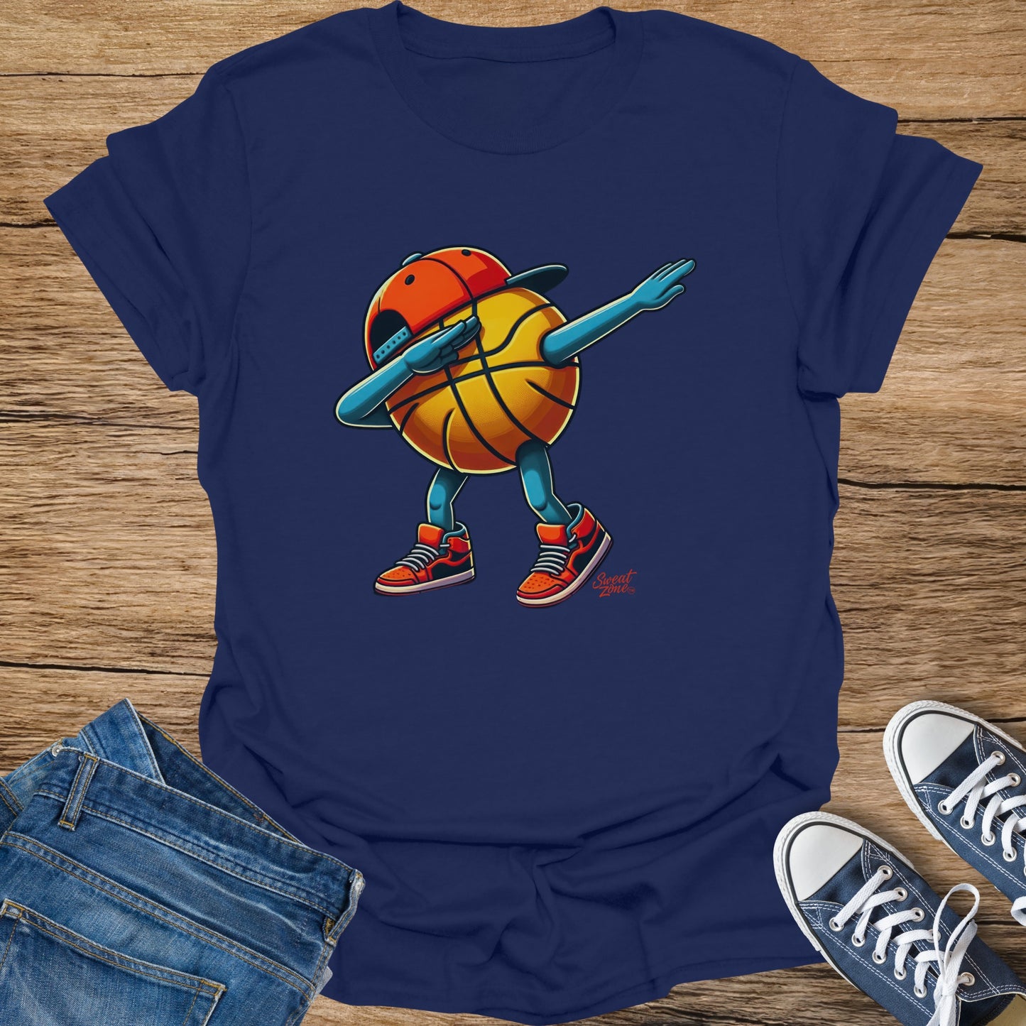 Basketball character dabbing on navy t-shirt with graphic logo.