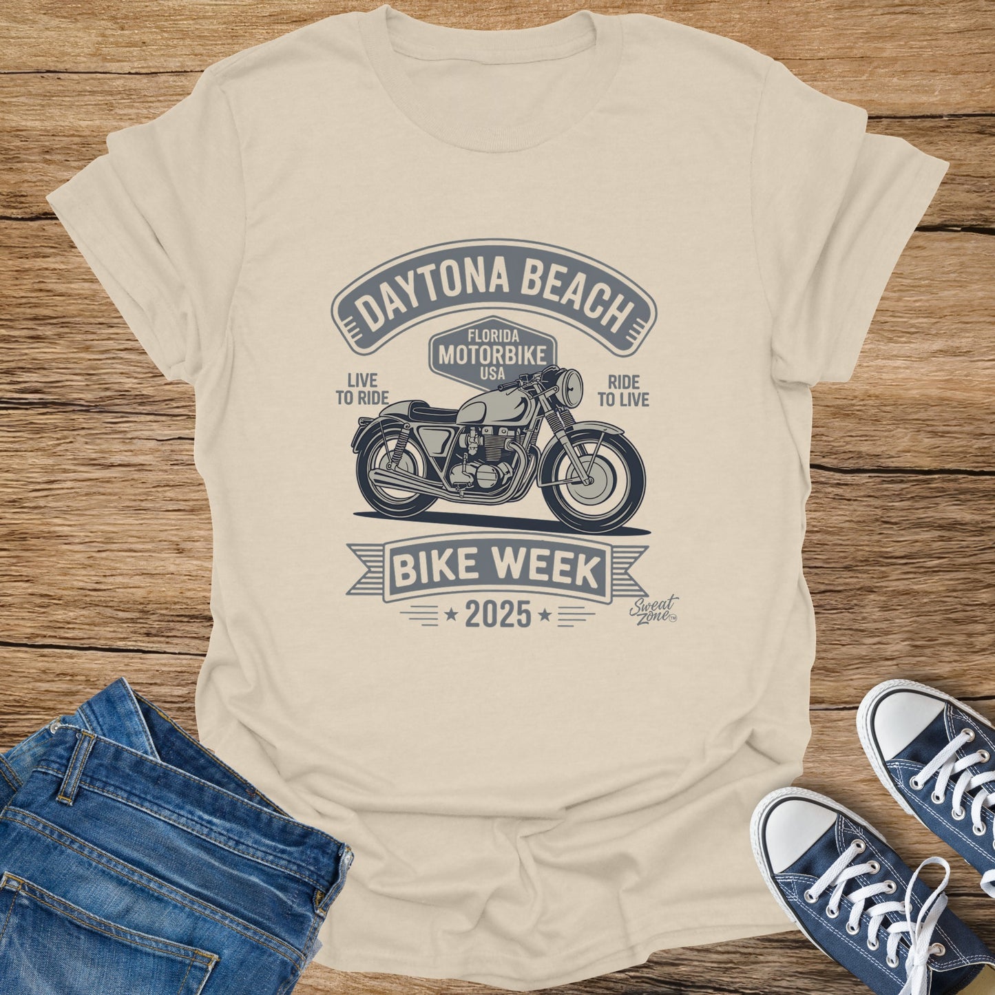 Daytona Beach Florida Motorbike USA Bike Week 2025 design on a light-colored t-shirt.