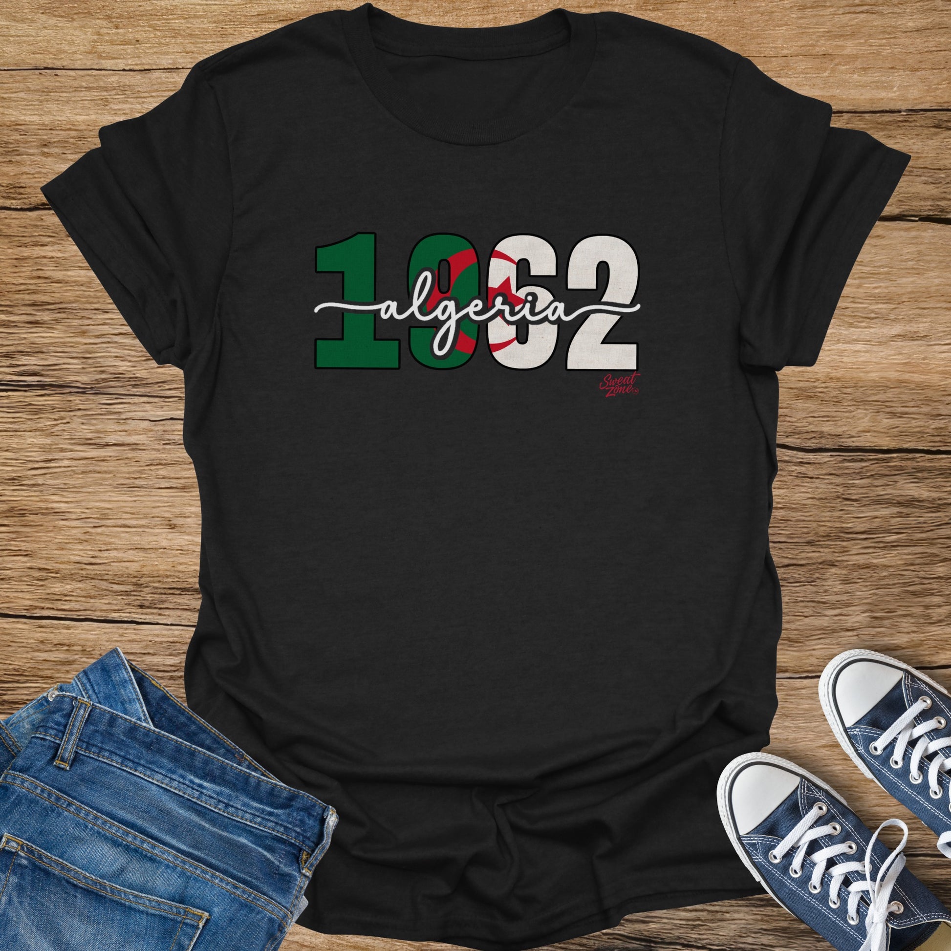 Black t-shirt with "1962 Algeria" and Algerian flag design.