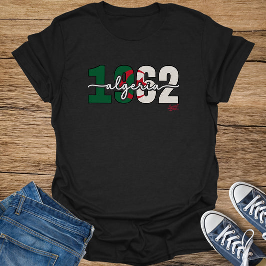 Black t-shirt with "1962 Algeria" and Algerian flag design.