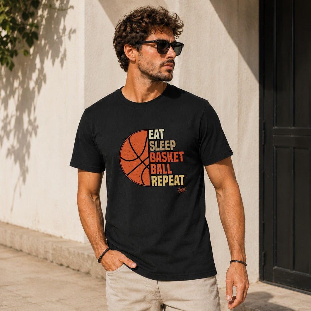 Black t-shirt with "Eat Sleep Basketball Repeat" text and basketball graphic.