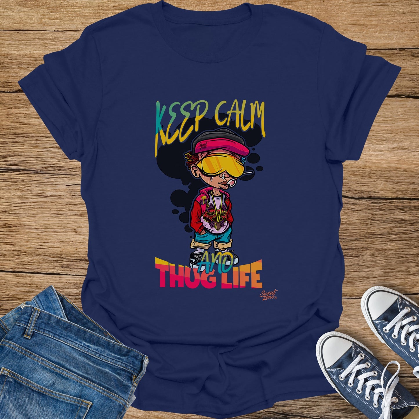 Navy t-shirt with cartoon boy and text "Keep Calm And Thug Life".