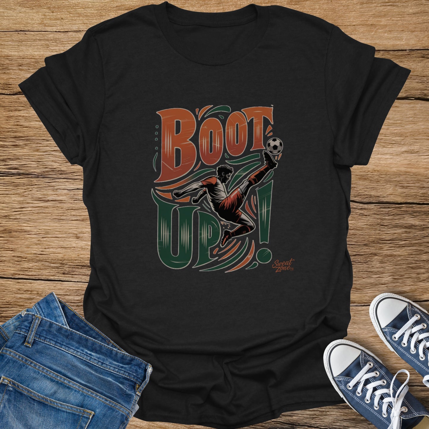 Black t-shirt with "Boot Up!" text and a soccer player kicking a ball.