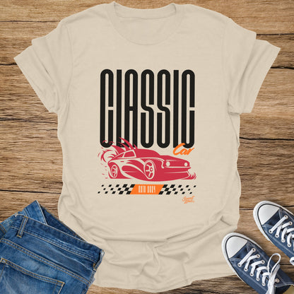 Light cream t-shirt with "CLASSIC CAR" graphic and checkered detail.