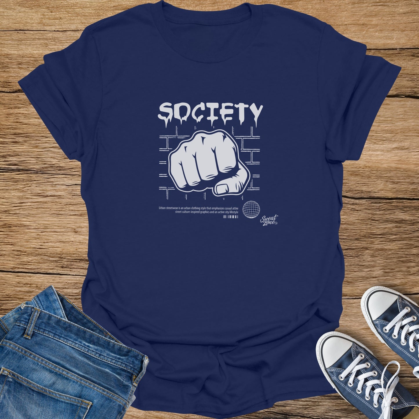 Navy t-shirt with "SOCIETY" text and a fist graphic.