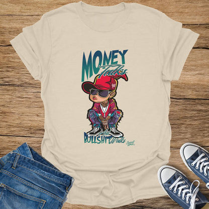 Cream t-shirt with cartoon graphic of a person squatting, text reads "Money Talks" and "Bullshit Walks."