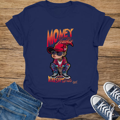 Navy t-shirt with cartoon character and "Money Talks" text.