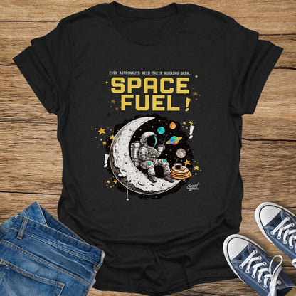 Astronaut drinking coffee on the moon with text "SPACE FUEL!".