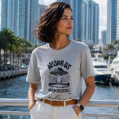 Grey t-shirt with "Among Us Alien Lifestyle" graphic featuring a UFO and sun rays.