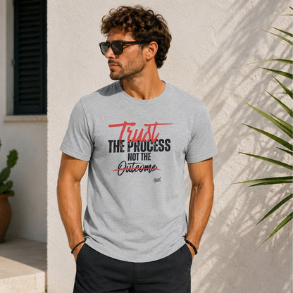 Grey t-shirt with "Trust The Process Not The Outcome" graphic print.