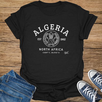 Black t-shirt with "Algeria North Africa" and coordinates in white.