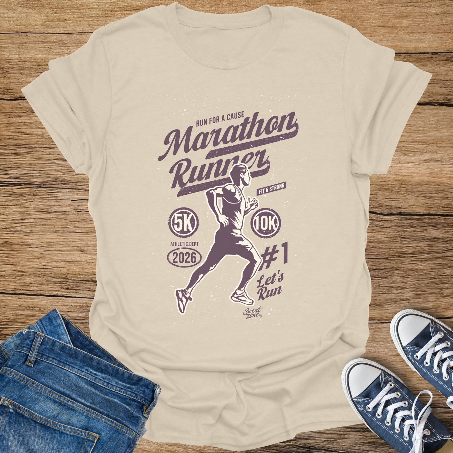 Marathon Runner graphic tee with 5K, 10K, and "Let's Run" text.