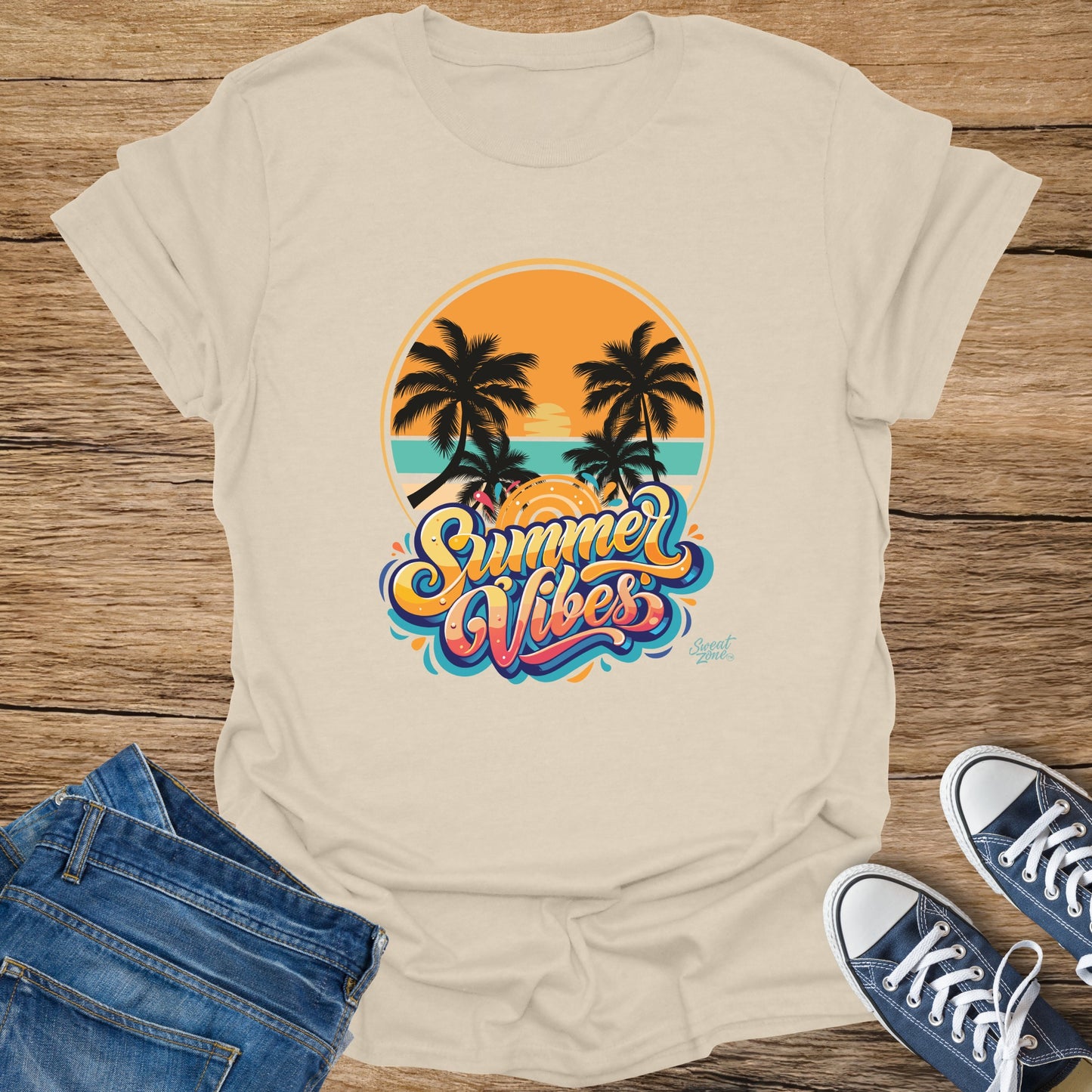 Cream t-shirt with "Summer Vibes" text and palm trees graphic