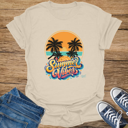 Cream t-shirt with "Summer Vibes" text and palm trees graphic