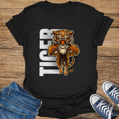 Black t-shirt with roaring tiger graphic and white text reading TIGER.