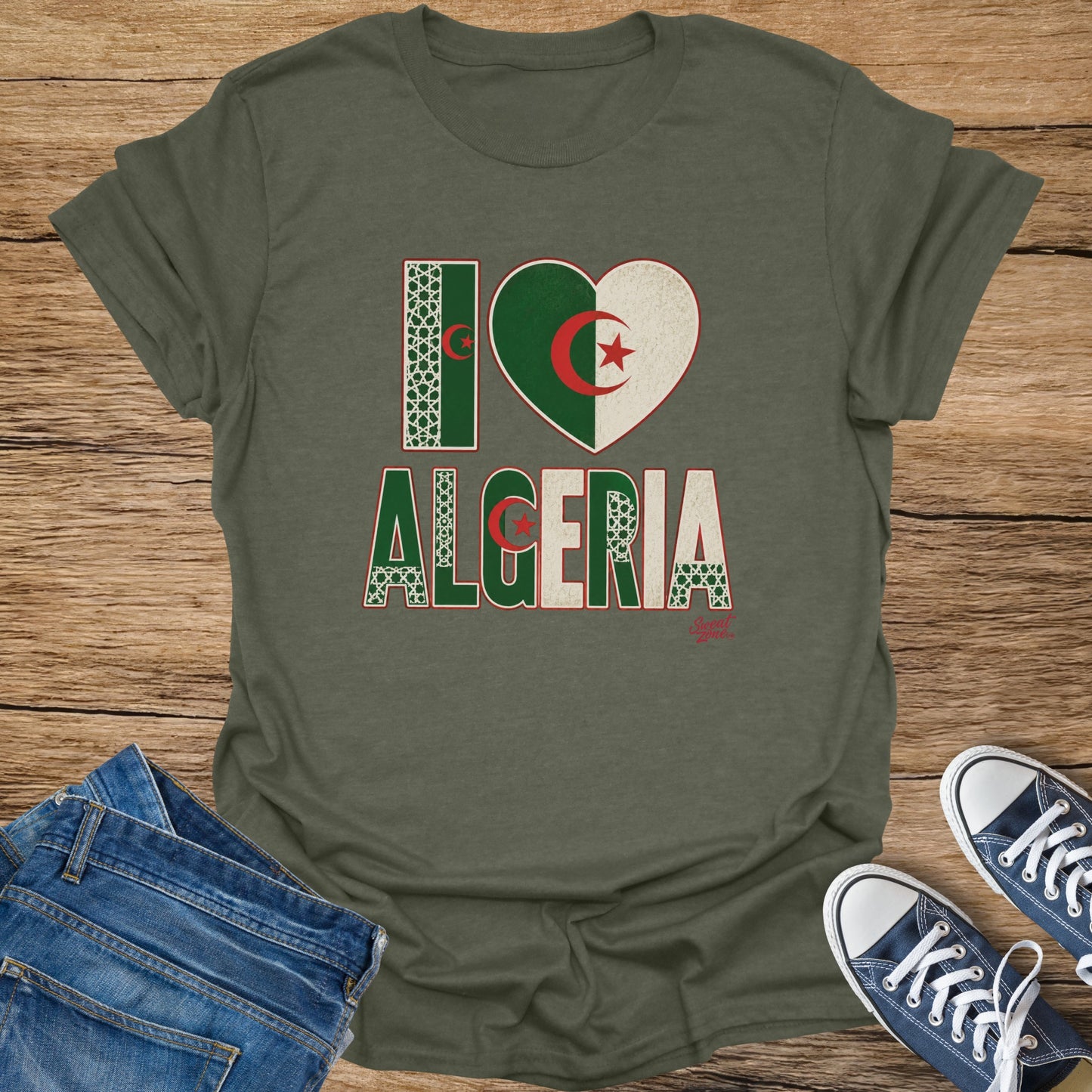 Green t-shirt with "I Love Algeria" graphic featuring Algerian flag heart.