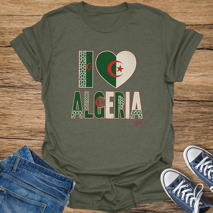 Green t-shirt with "I Love Algeria" graphic featuring Algerian flag heart.