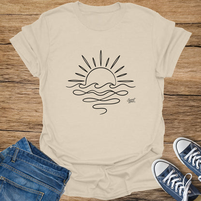 Cream t-shirt with black outlined sun and waves graphic, "Sweet Zone" logo.