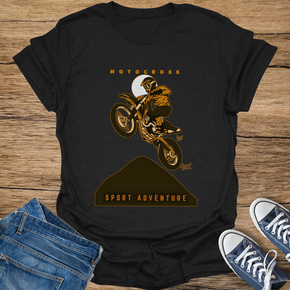 Black t-shirt with motocross rider graphic and "SPORT ADVENTURE" text.