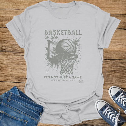 Grey t-shirt with "BASKETBALL is life" and basketball graphics.