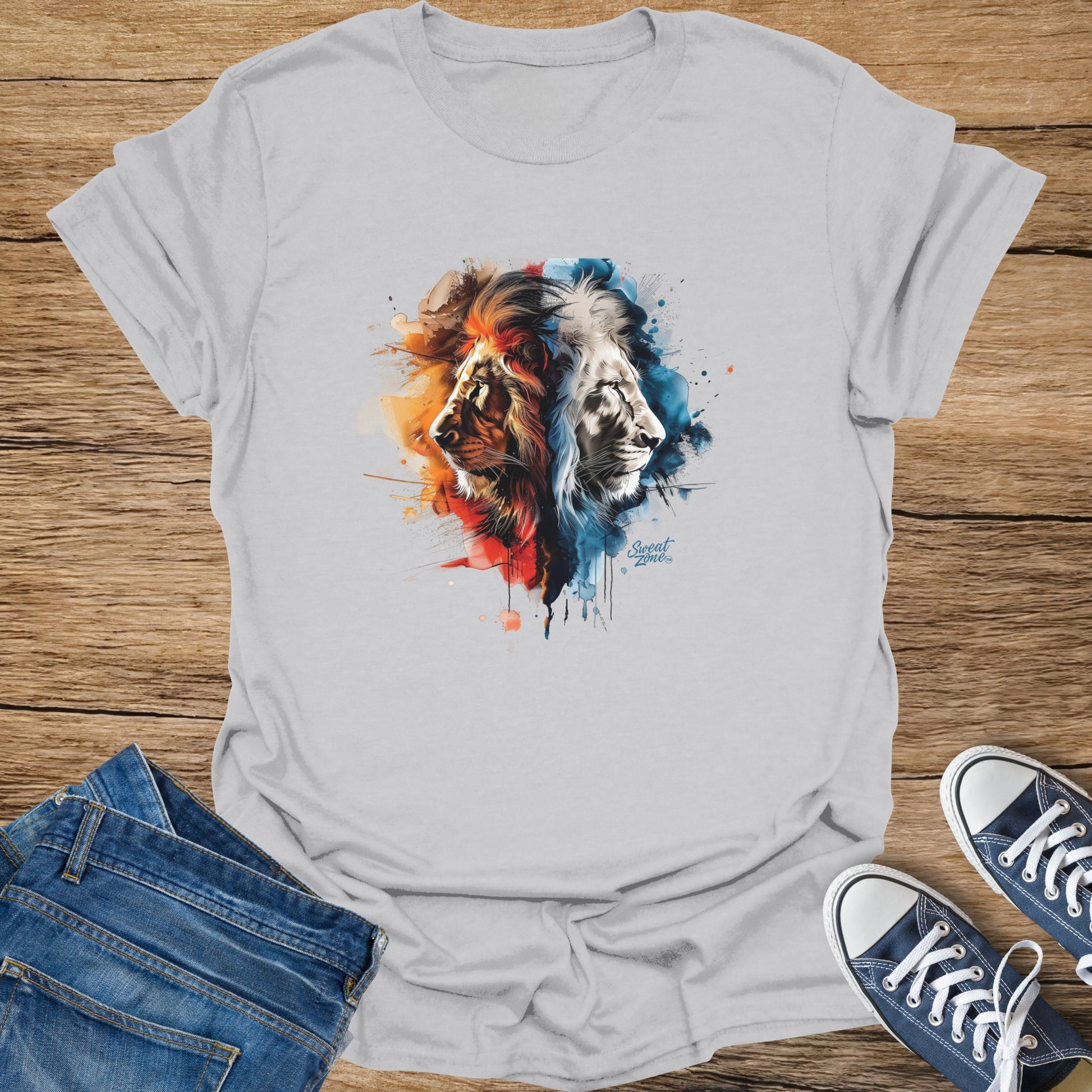 Gray t-shirt with watercolor-style double lion head artwork and "Sweat Zone" text.