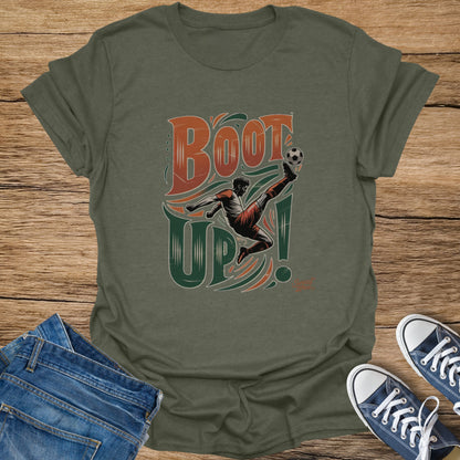 Green t-shirt with "BOOT UP!" text and soccer player graphic.