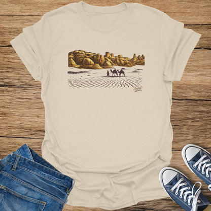 Cream t-shirt with desert landscape graphic and "Sweat Zone" text.