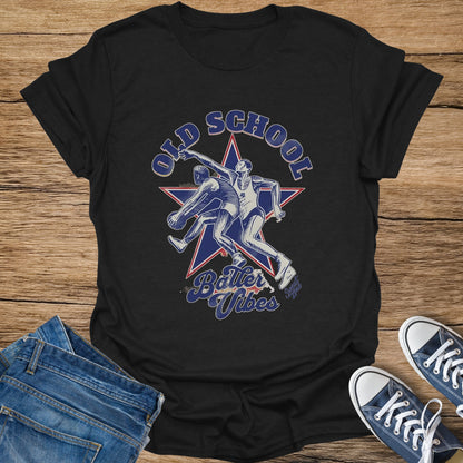 Black t-shirt with "Old School Baller Vibes" and wrestling figures on a star.