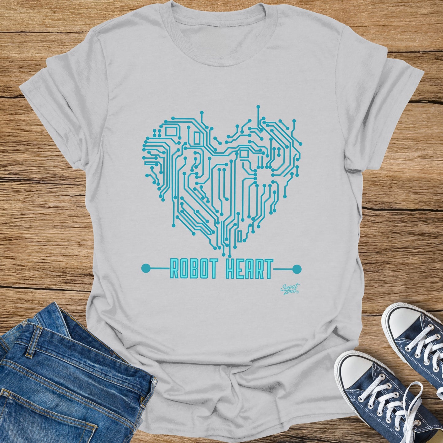 Light grey t-shirt with a turquoise circuit board heart and text "ROBOT HEART".
