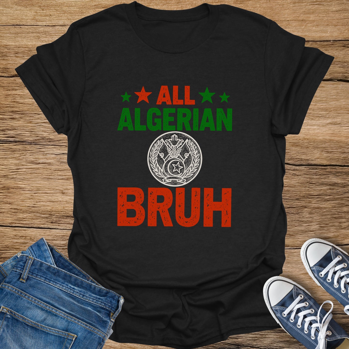 Black t-shirt with red and green text that says "ALL ALGERIAN BRUH."