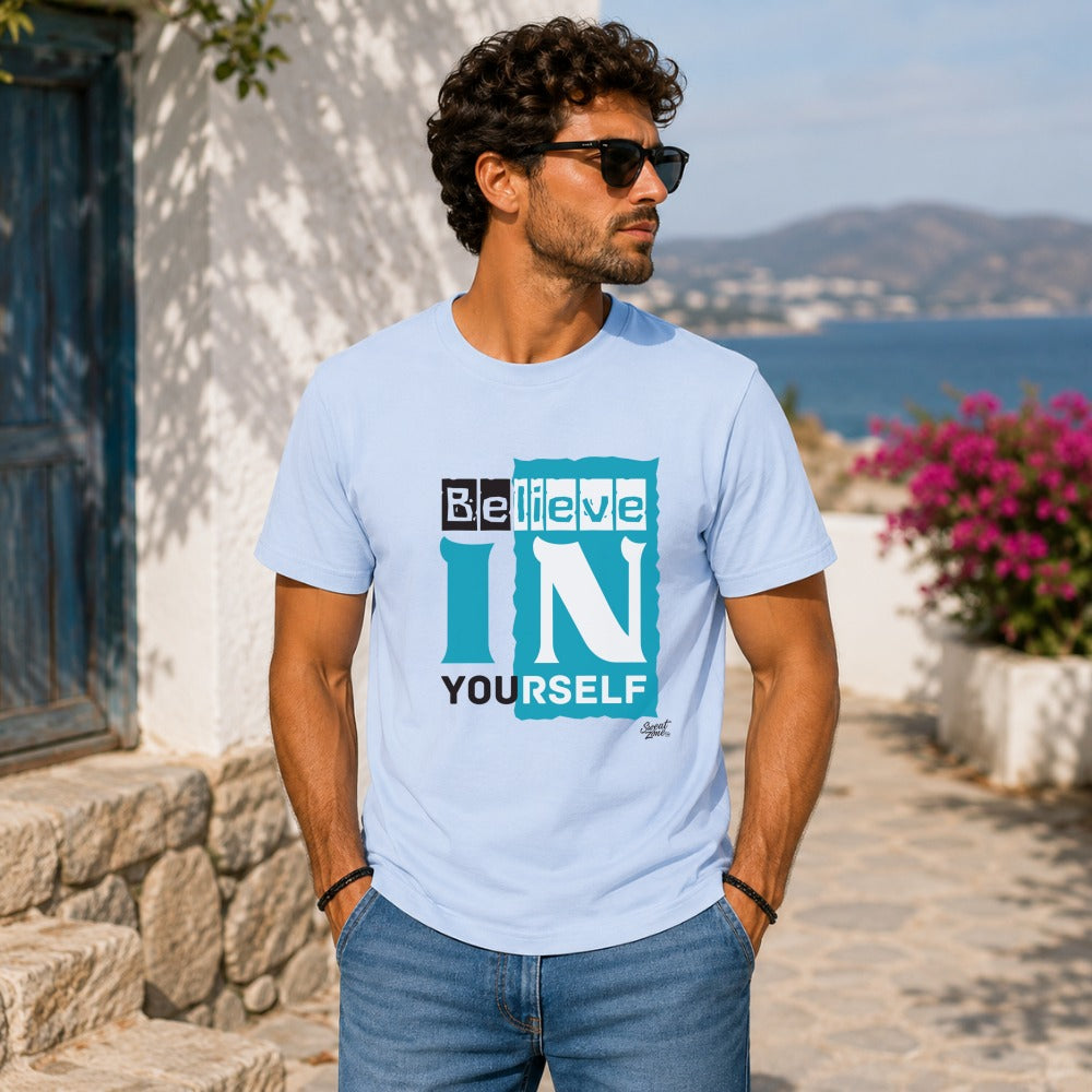 Light blue t-shirt with "Believe IN YOURSELF" text graphic design.