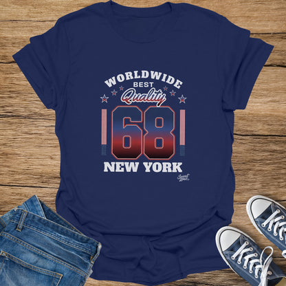 Navy t-shirt with "Worldwide Best Quality 68 New York" print.