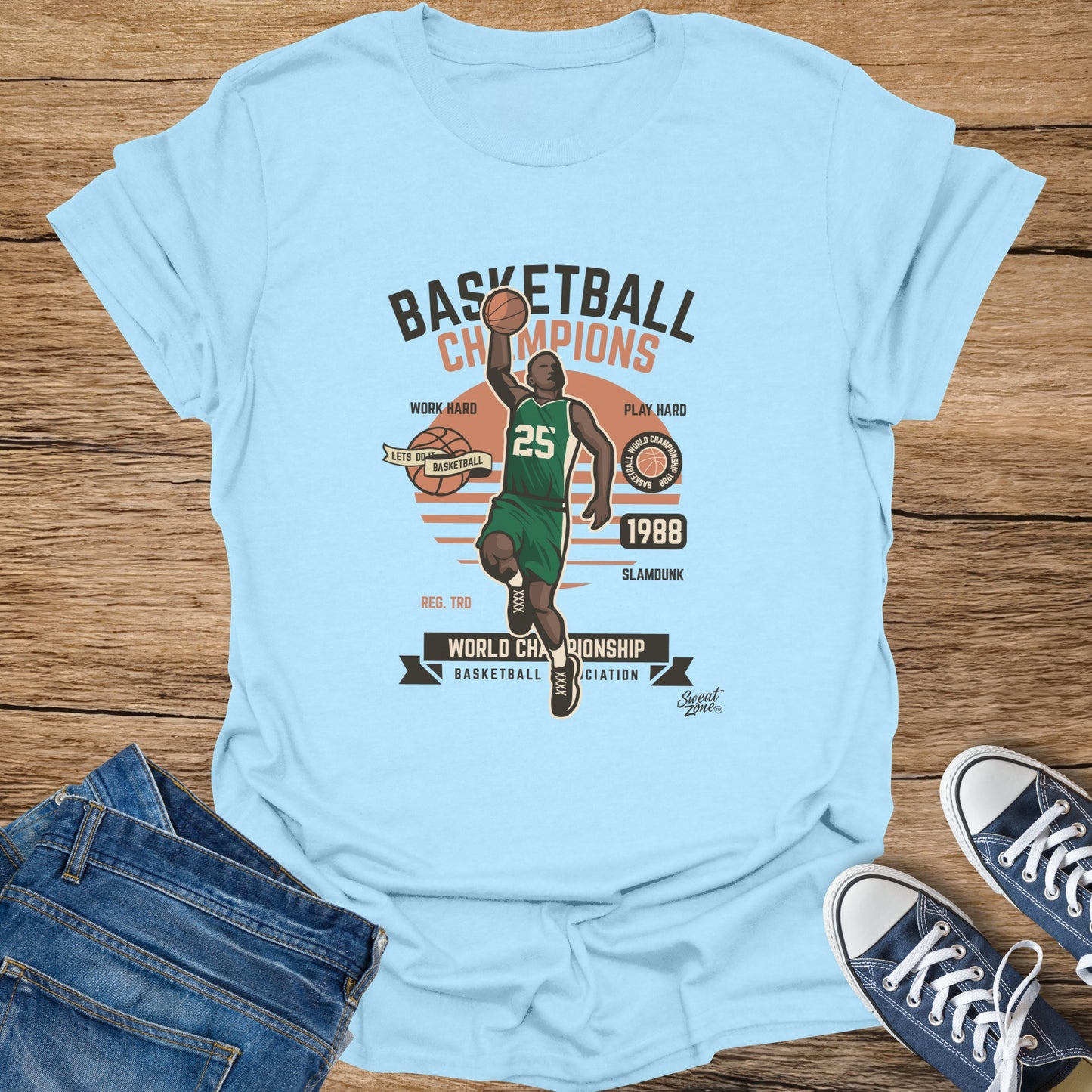 Basketball Champions 1988 graphic on a light blue t-shirt with a basketball player.